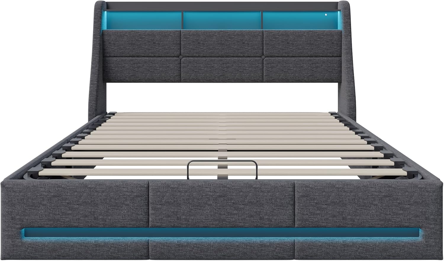 LIVLUX Lit Coffre 140x190 avec sommier LED et USB,Lit Double rembourré avec Rangement hydraulique,lit 2 Personnes pour Adultes et Adolescents,Lin Gris Clair, 140 x 190 cm