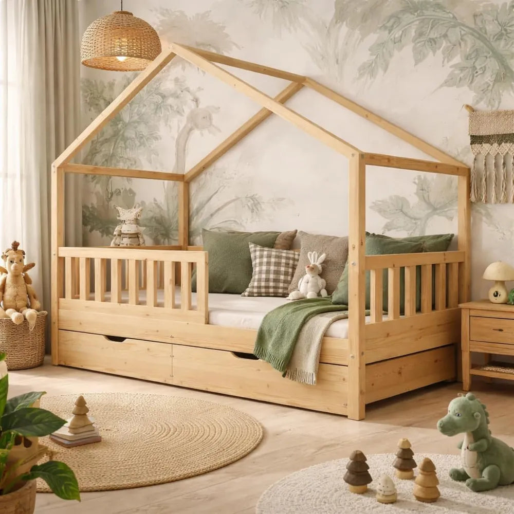 Lit Cabane Enfant en Bois 90x190 cm avec Tiroirs – Design Scandinave en Pin
