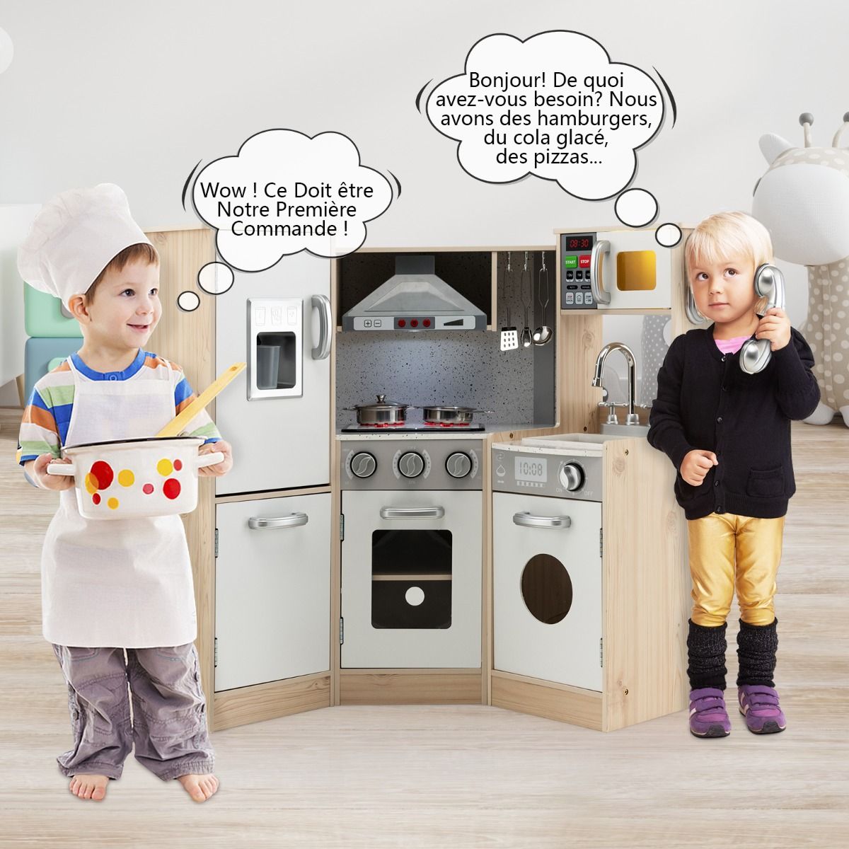 Cuisine Enfants en Bois XXL Angle 105 x 49 x 85 cm ( L x l x H ) Cuisine Complet avec Four Lave Linge 3 An+