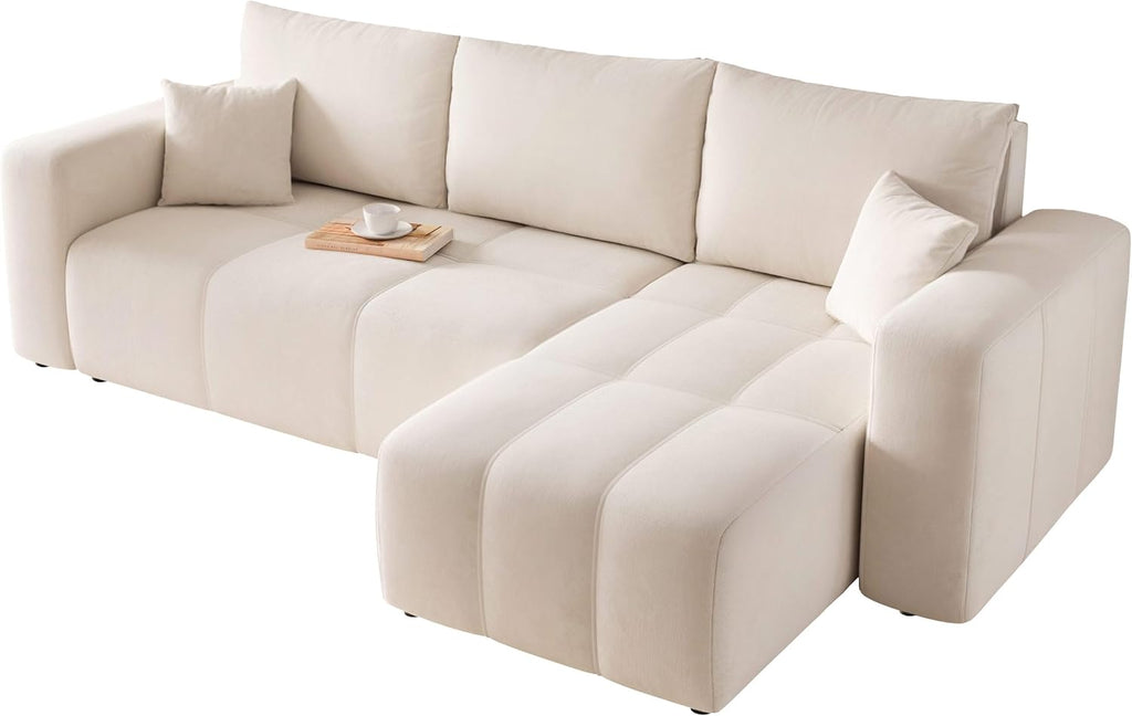 Canapé d'angle Convertible 145x248 à Gauche ou à Droite - Canapé 3 Places Convertible Beige avec Espace de Rangement