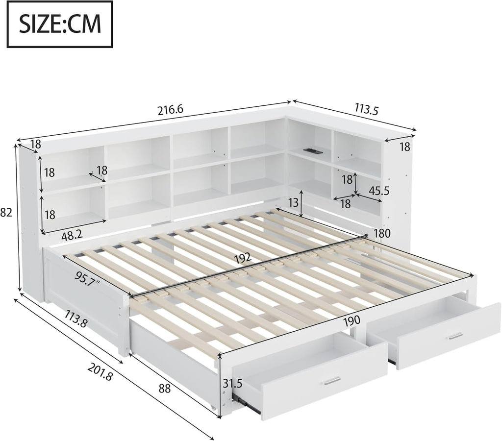 Lit Gigogne 90x190 cm + 180x190 cm - Lit en Bois avec Rangement et Prise Intégrée, Structure Pin et MDF, Matelas Non Inclus - Blanc