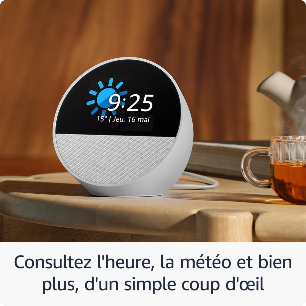 Amazon Echo Spot (Nouvelle génération) | Réveil connecté avec un son de qualité et Alexa | Blanc