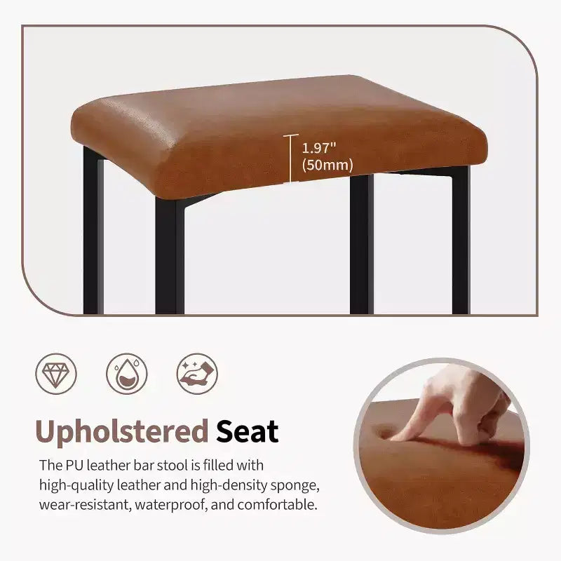 Lot de 2 tabourets de bar de 61 cm, sièges en cuir synthétique avec rembourrage épais et repose-pieds, cadre en métal moderne avec pieds réglables pour îlot de cuisine, comptoir de bar