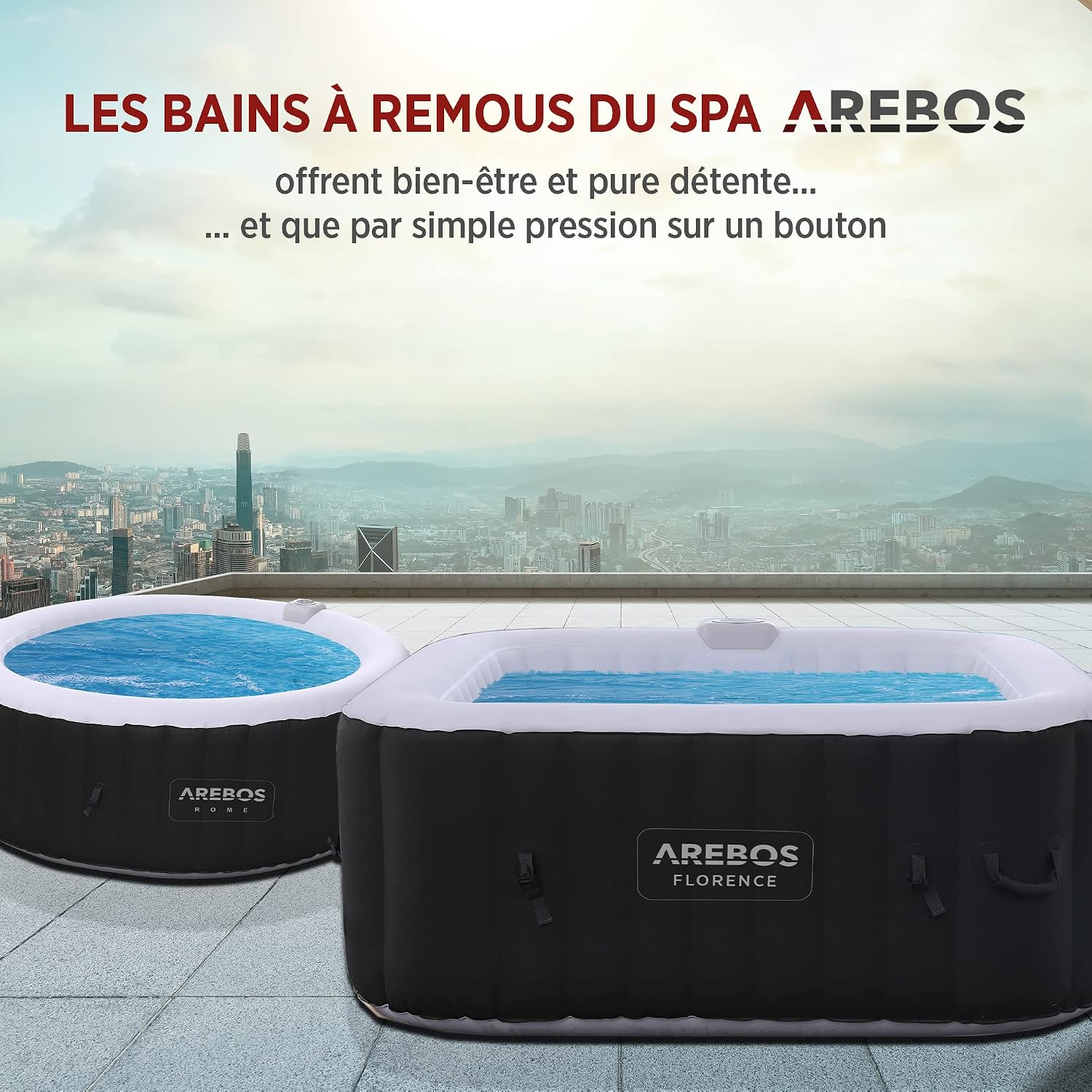 Arebos Spa Gonflable | pour l'intérieur et l'extérieur | 4 Personnes | 154x154cm | 100 Jets de Massage | Spa Bien-être Chauffage | Massage Gonflable Carré | 600 litres