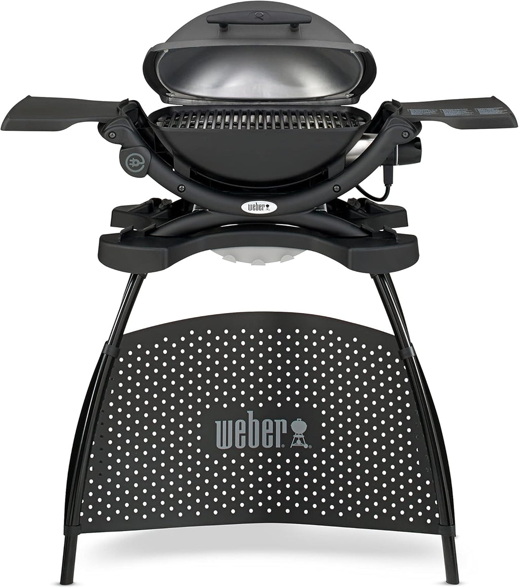 Weber Q1400 Barbecue électrique avec support, surface de cuisson 43 x 32 cm, nomade, grille en fonte émaillée divisée en 2 parties, couvercle et cuve en fonte d'aluminium - Gris foncé (52020853)