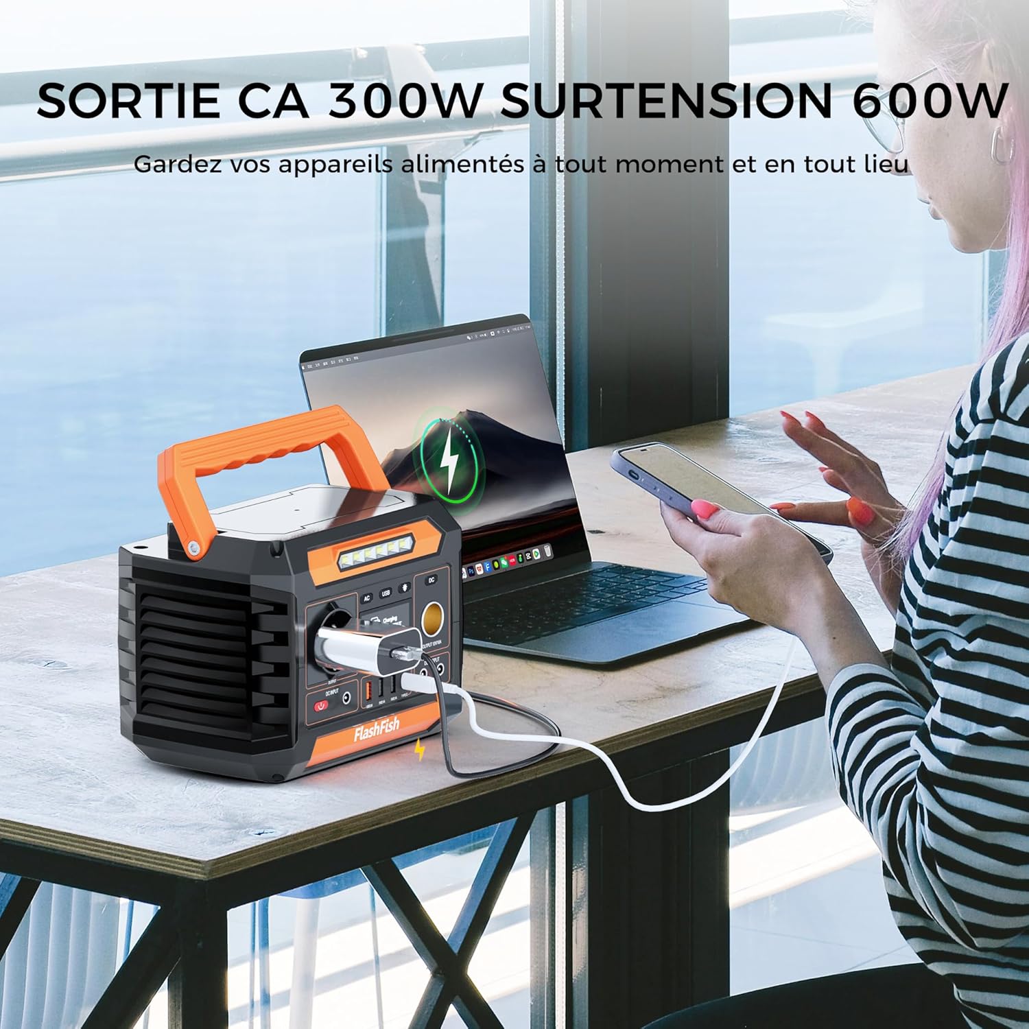 FlashFish 230,88 Wh Generateur Électrique Avec Panneau Solaire 60W, Générateur Solaire Portable 300W Avec 230V AC/DC/USB/type C/lumières LED -Batterie de Secours Pour camping, voyages et Urgences