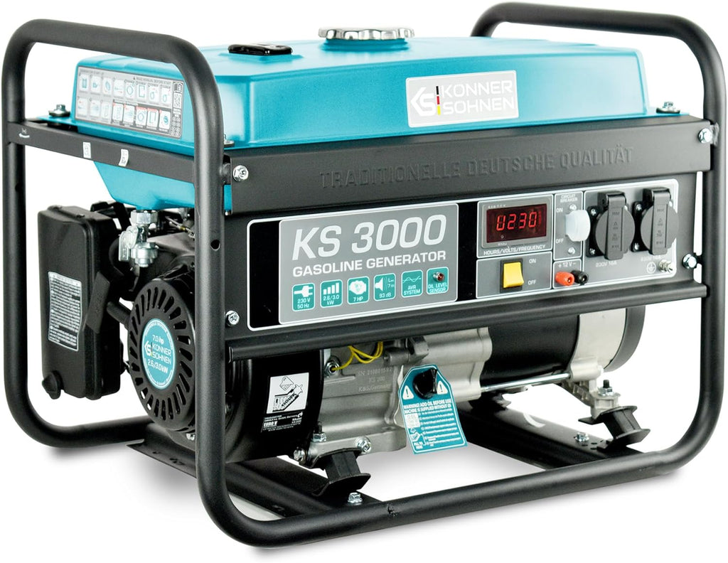 Groupe électrogène à essence 3000 puissance max 3000 W, prises Schuko 2x16A (230 V), EURO-V, régulateur de tension automatique (AVR),moteur électrique enroulement 100% cuivre,generateur de courant