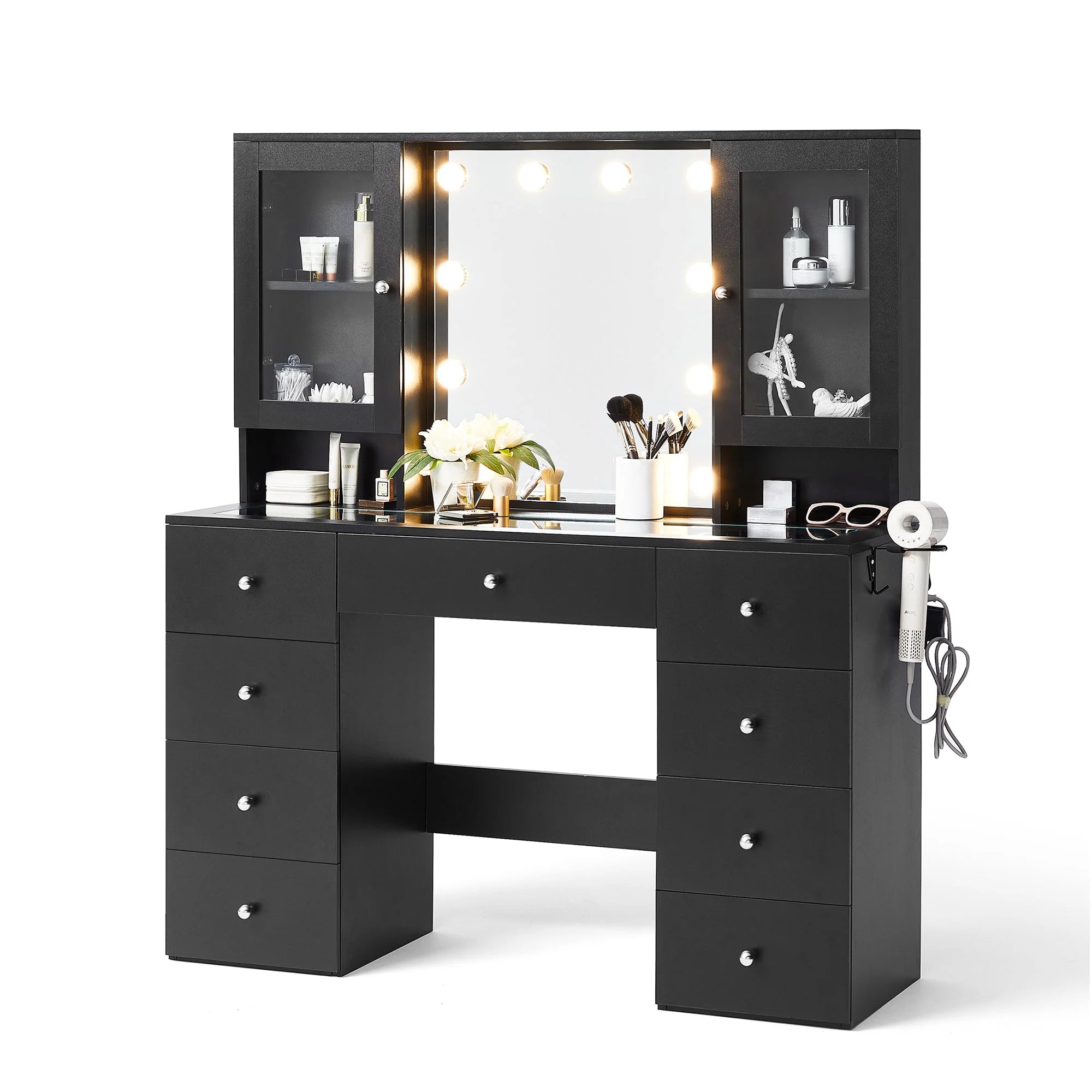 Coiffeuse verre 47 pouces miroir lumières rangement prise