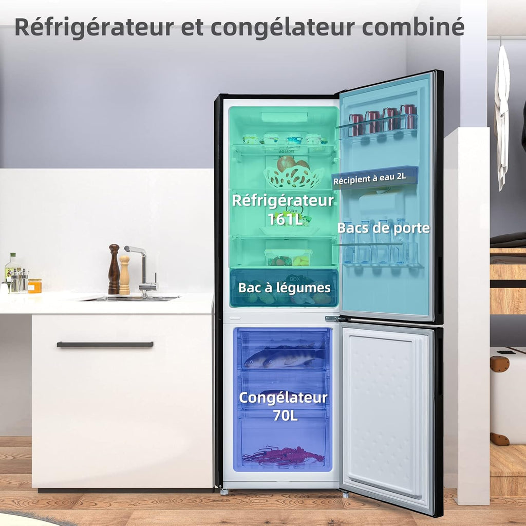 CHIQ Réfrigérateur congélateur bas FBM228NE4DE 231L (161 + 70) Froid ventilé, No Frost, Acier inoxydable noir, portes réversibles, 42 db, 12 ans de garantie sur le compresseur