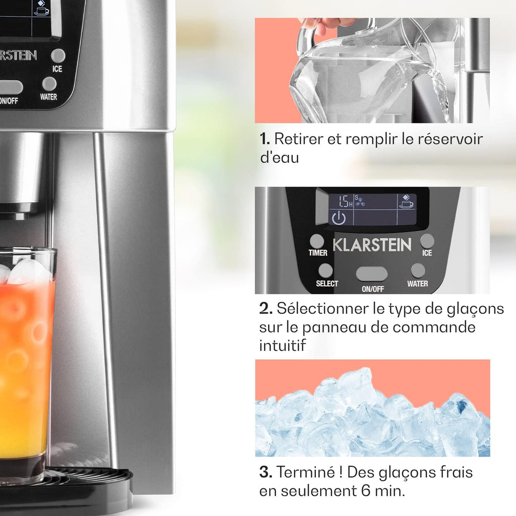 Klarstein Machine a Glacons pour la Maison, Capacité de 2L, Fabrique Rapidement Jusqu'à 12kg de Glacons, Alarmes de Sécurité, Machine à Glaçons de Comptoir, Ice Maker, Distributeur Eau Froide