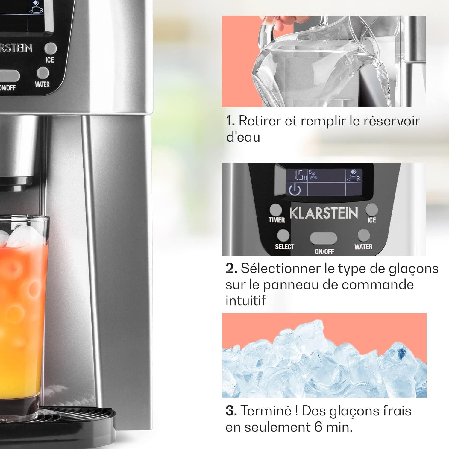 Klarstein Machine a Glacons pour la Maison, Capacité de 2L, Fabrique Rapidement Jusqu'à 12kg de Glacons, Alarmes de Sécurité, Machine à Glaçons de Comptoir, Ice Maker, Distributeur Eau Froide