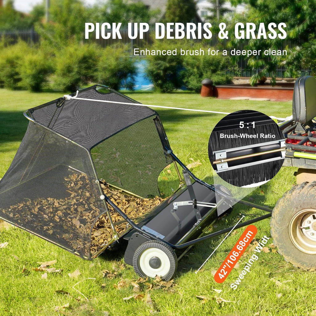 VEVOR Balayeuse à Gazon à tracter, 400 L, Grand Balai ramasseur de Feuilles et d'herbe Robuste, 106,6 cm, Conception de Corde de déversement, Hauteur de Balayage réglable pour ramasser débris, Herbe