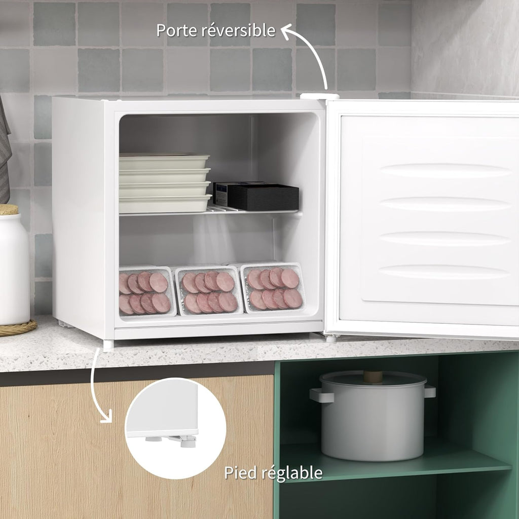 HOMCOM Mini congélateur Température Réglable de -14 à -24°C Compact 35L - étagère Amovible - Porte réversible Classe E - 47 x 44,2 x 48,8 cm - Blanc