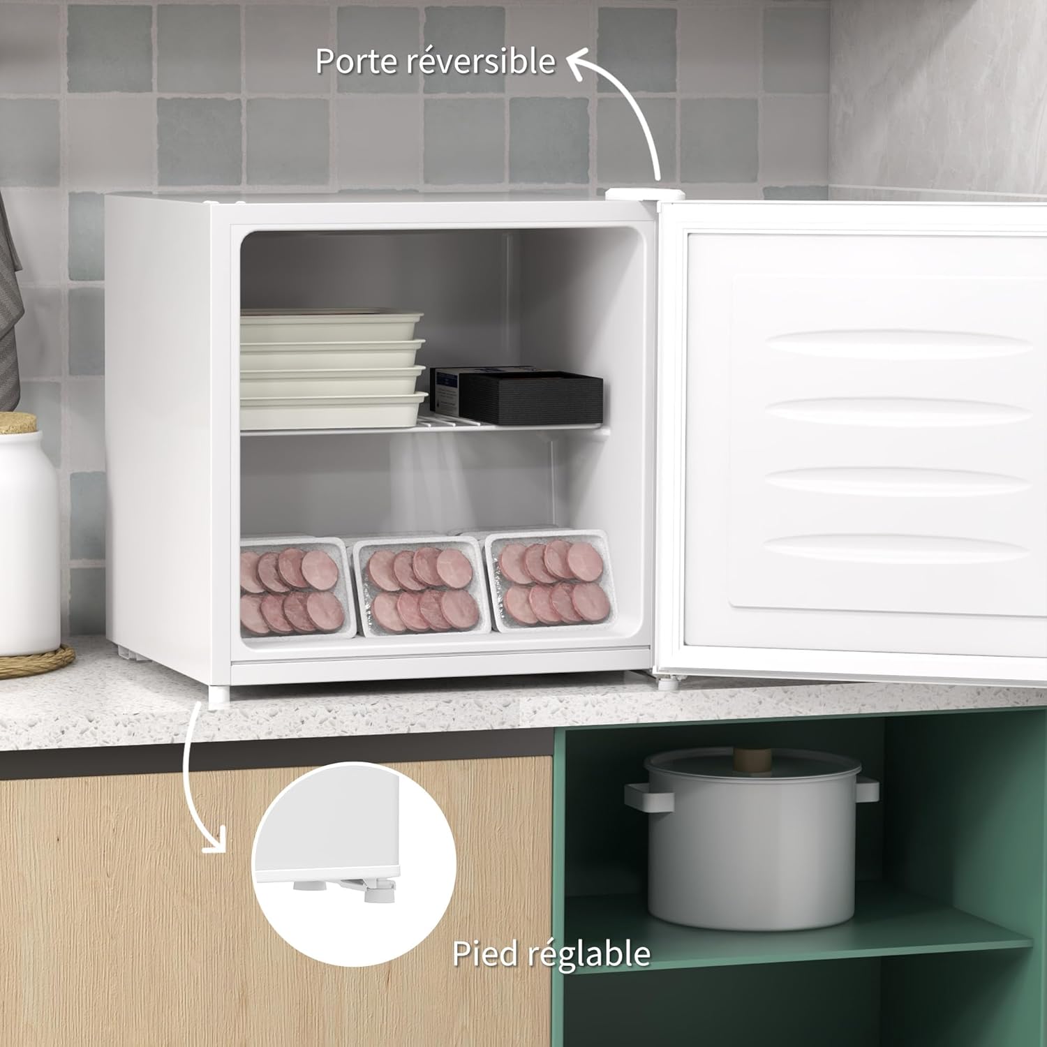 HOMCOM Mini congélateur Température Réglable de -14 à -24°C Compact 35L - étagère Amovible - Porte réversible Classe E - 47 x 44,2 x 48,8 cm - Blanc