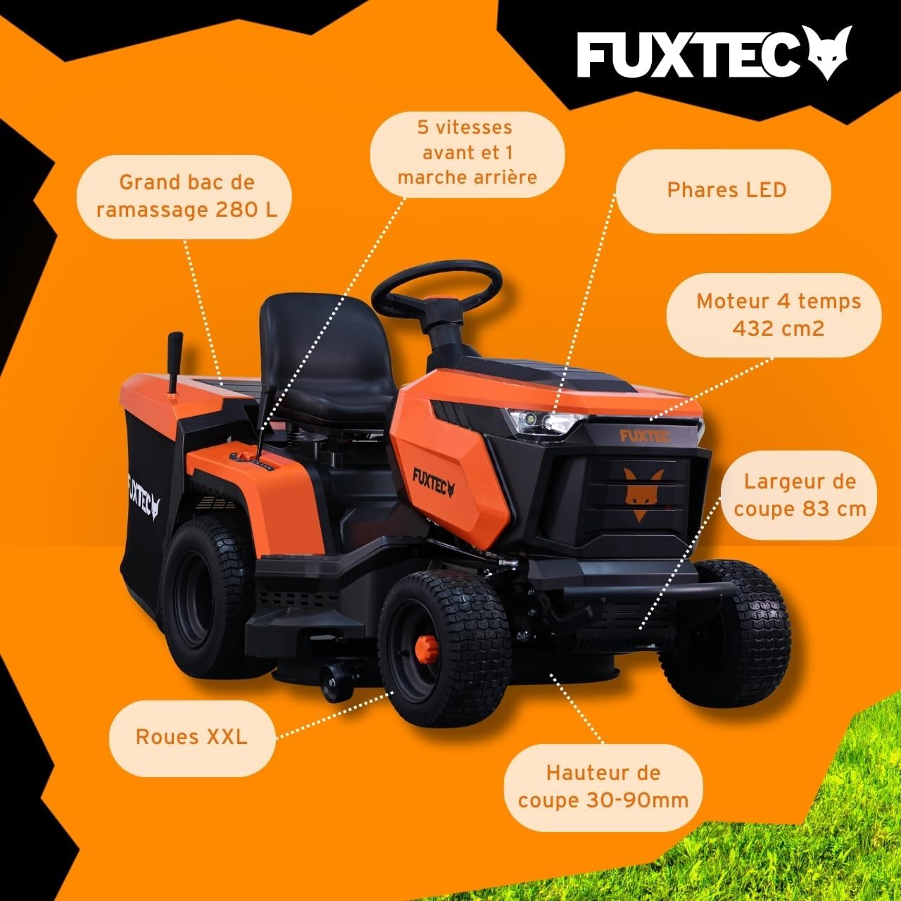 FUXTEC Tondeuse autoportée FX-RMT84M - Tondeuse autoportée à Essence avec Largeur de Coupe 83 cm - Moteur 8,8 KW 432 cm³ - 6 hauteurs réglables - bac 280 L - Marche arrière RMO - boîte Manuelle 5+1