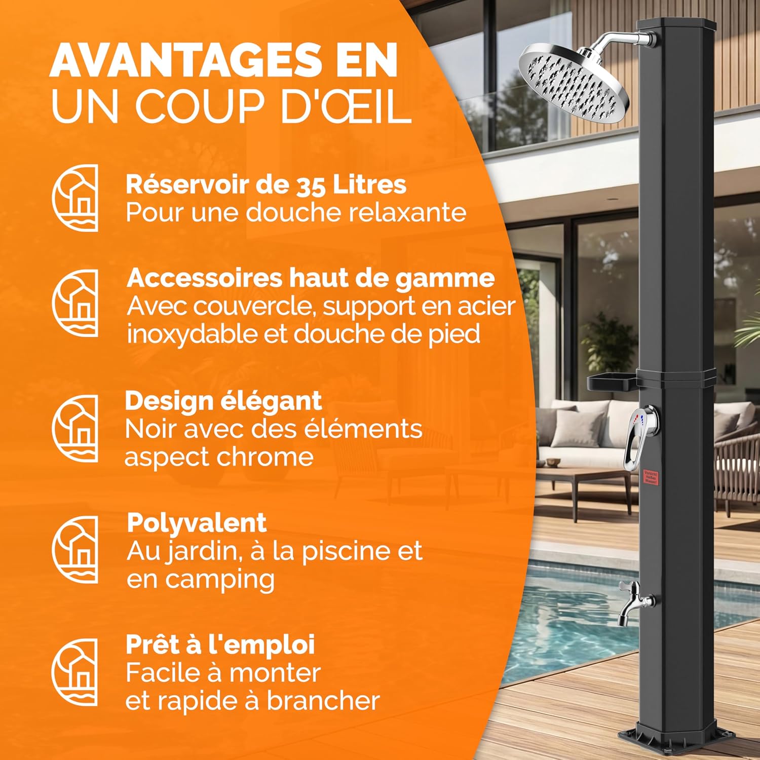 Casaria® Douche Solaire Jardin 35 L - 216 cm - Pommeau de Douche pivotant Ø15 cm - Douchette extérieur Eau Chaude - avec raccord Tuyau d'Arrosage & Housse de Protection - Piscine, Terrasse, Camping
