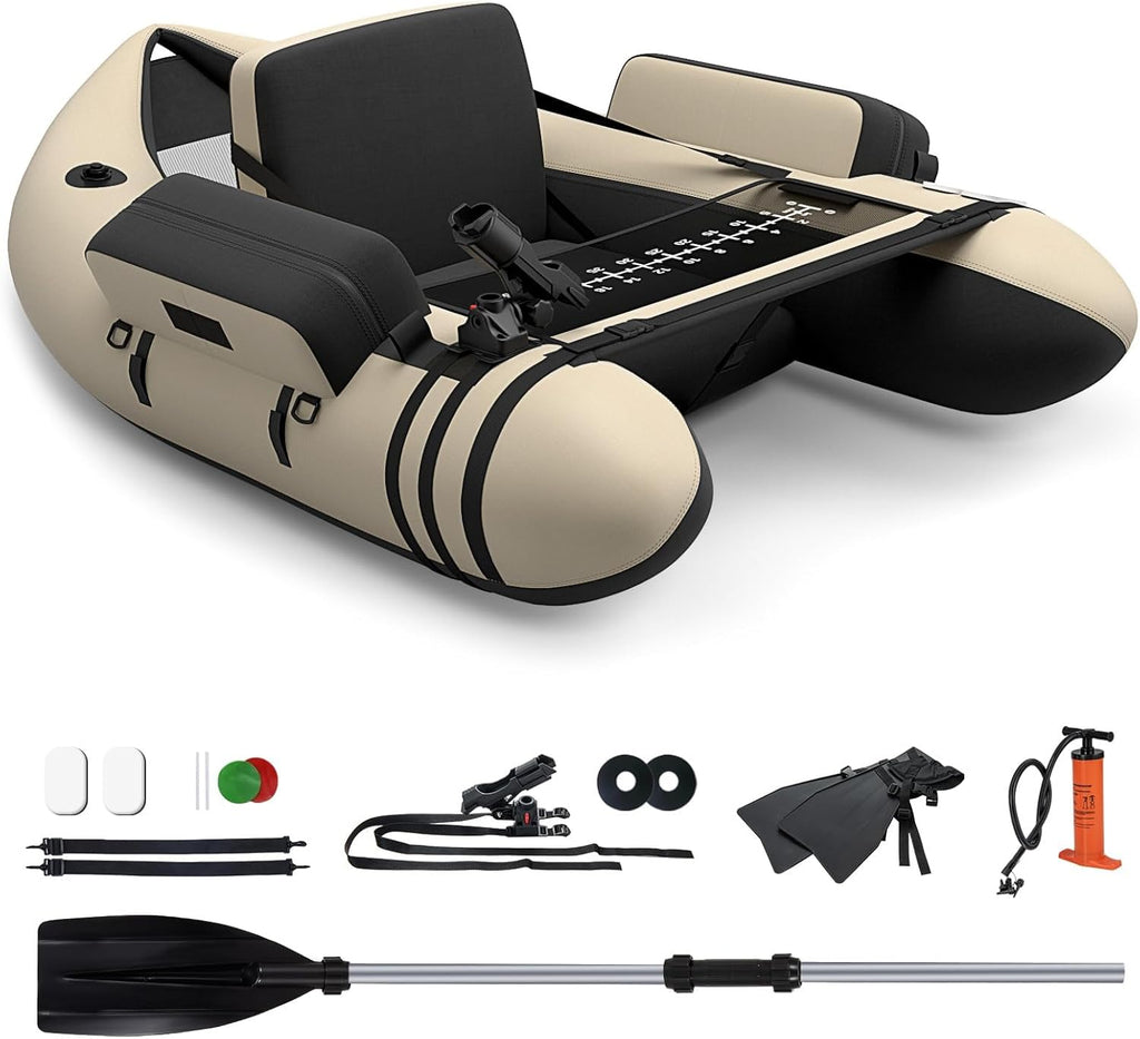 GYMAX Bateau Pêche Gonflable Portable, avec Pagaie, Règle à Poisson, Porte-Canne, Palmes, Pompe, Poches de Rangement, Tansport Pratique avec Bandoulières
