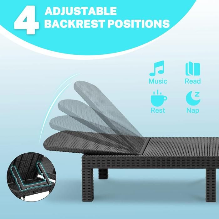 Bain de soleil -Chaise longue de jardin avec coussin gris, inclinable multi-positions,, pour piscine, terrasse et extérieur