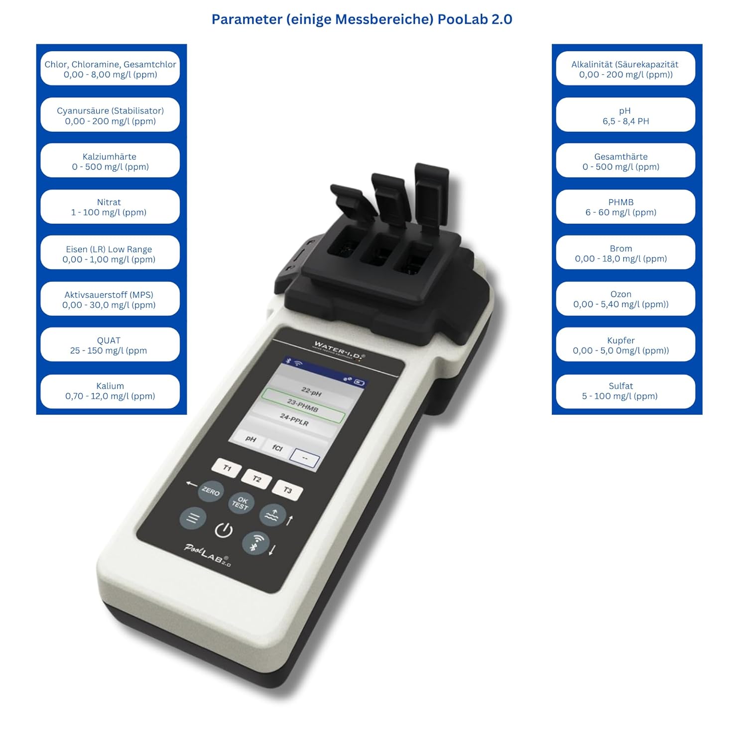 PoolLab 2.0 avec 70 pastilles de test et sac, édition spéciale pour MediMuc - 24 paramètres - App, logiciel - Mesure jusqu'à 3 paramètres dans un test + mallette de rangement vide