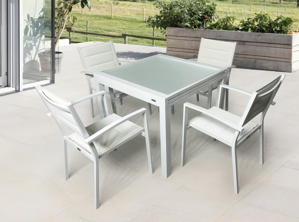 MOMMA HOME Table extensible de jardin en aluminium et verre trempé - Table carrée extensible d'extérieur - Dimensions 90/150 x 90 x 74 cm (blanc)