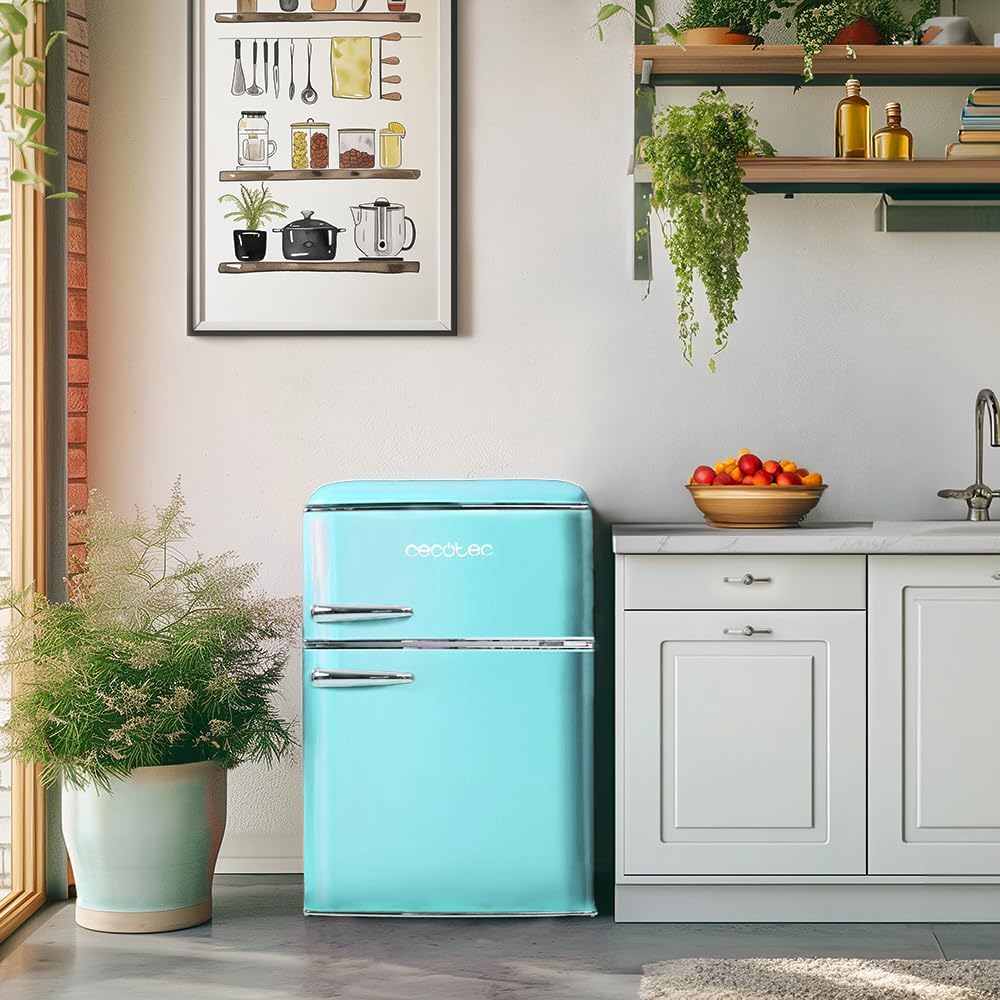 Cecotec Mini Réfrigérateur 2 Portes Retro 86L Bolero CoolMarket 2D Origin 86 Blue E, 89,3cm H et 48,7cm L, IceBox, Classe Énergétoque E, Total No Frost, Lumière Intérieure et Poignée Chromée, Bleu