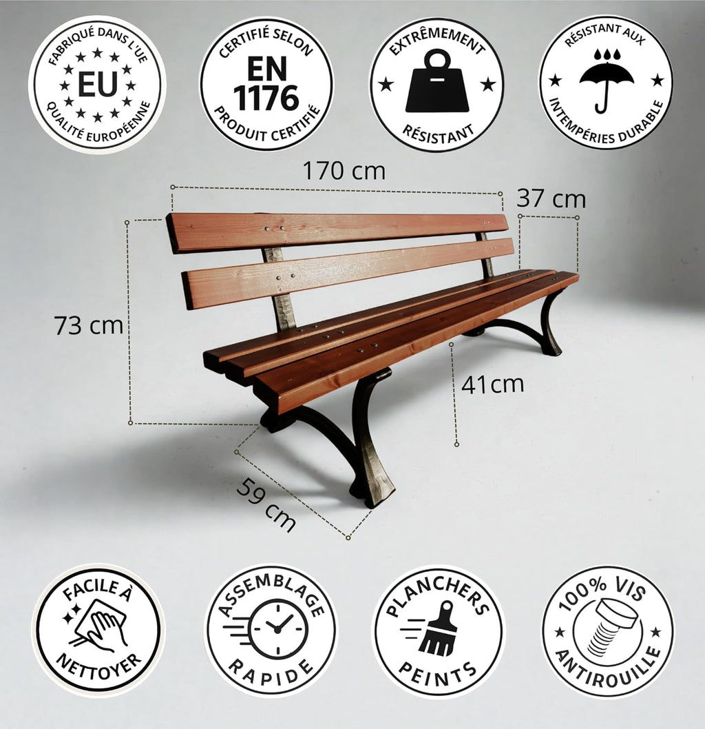 REKORD Banc de Jardin 170 x 59 x 73 cm Banc d'extérieur Robuste en métal et Bois avec Dossier résistant aux intempéries pour Parc terrasse et Avant-Cour - Lodzka - Palissandre