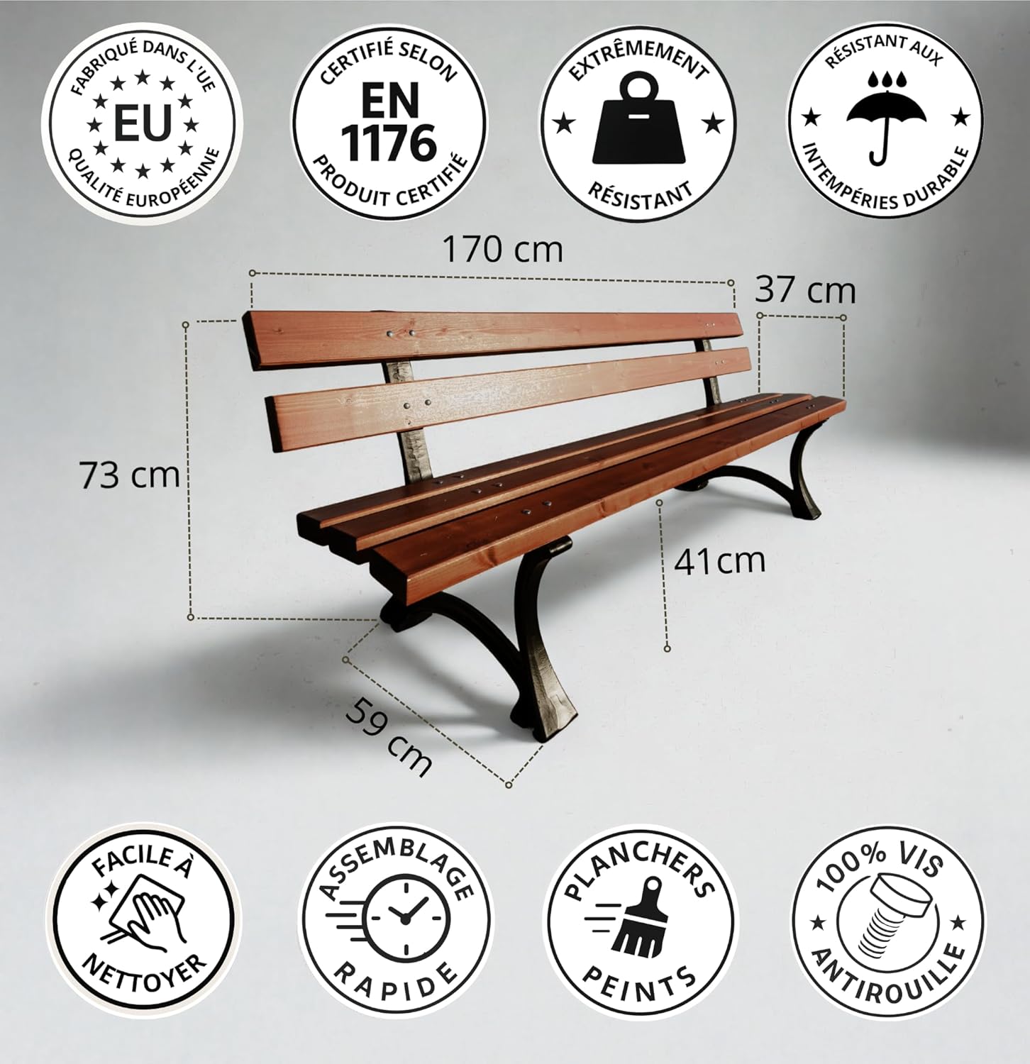 REKORD Banc de Jardin 170 x 59 x 73 cm Banc d'extérieur Robuste en métal et Bois avec Dossier résistant aux intempéries pour Parc terrasse et Avant-Cour - Lodzka - Palissandre