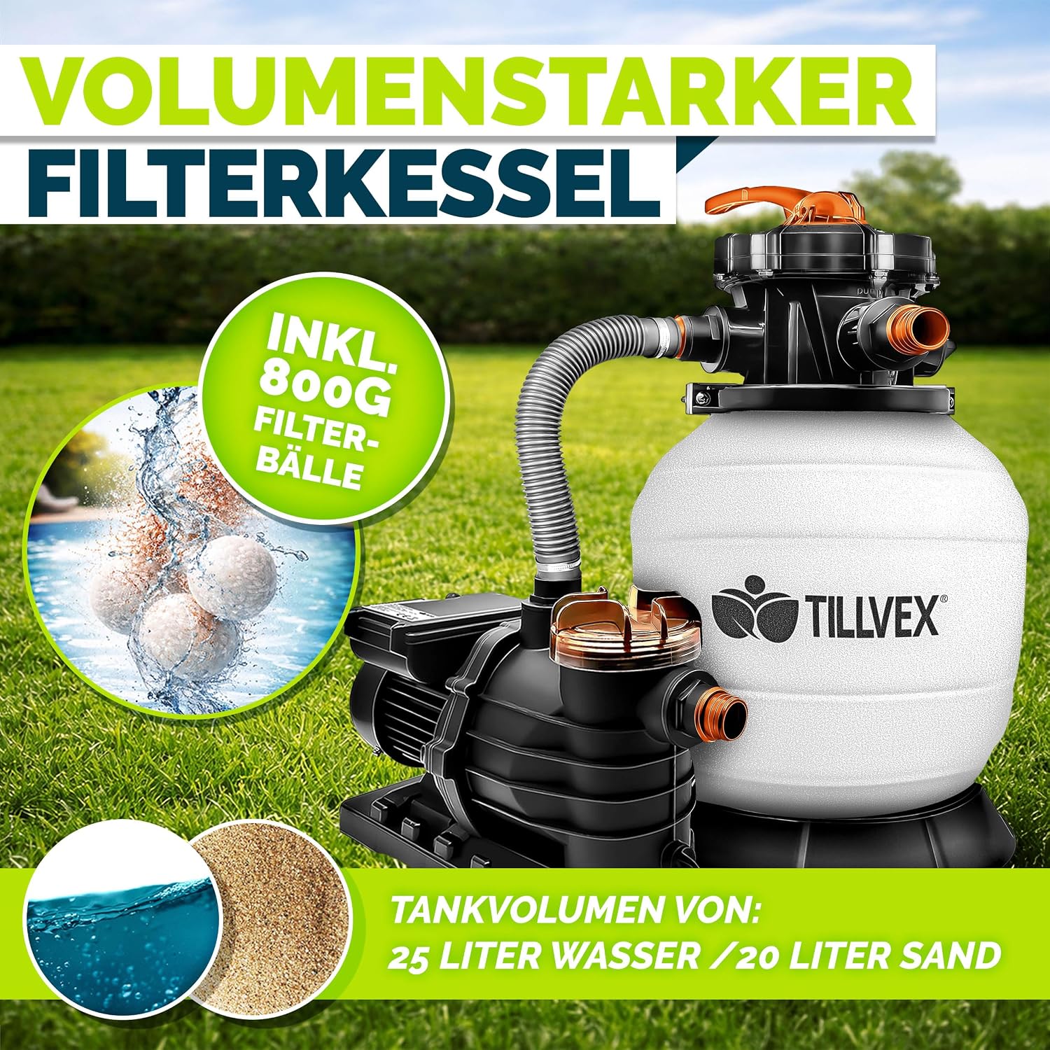 tillvex Système de Filtre à Sable 10 m³/h + 800g Boules de filtre – 7 Fonctions de Filtration | Filtre de Piscine avec indicateur de pression | Filtre à sable pour les bassins aquatiques & piscines