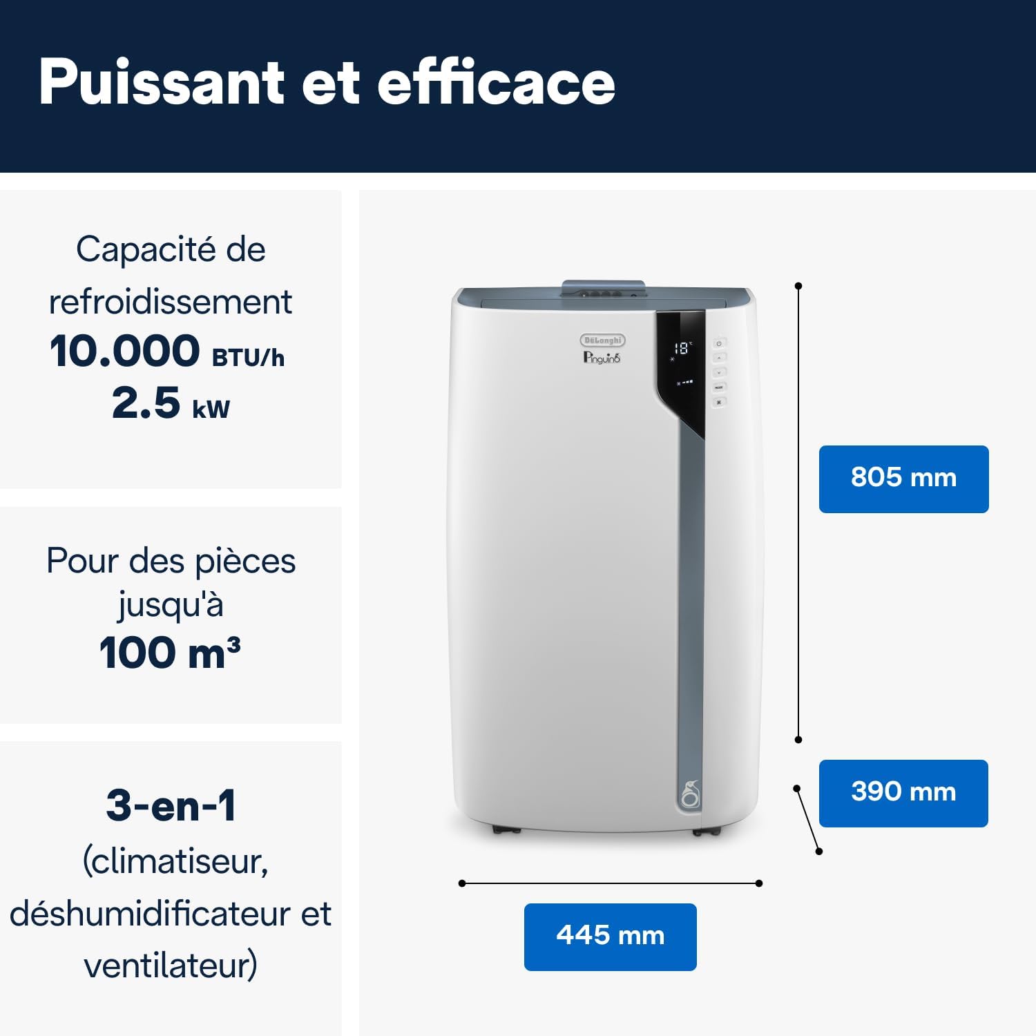 De'Longhi Pinguino PAC EX105 Climatiseur mobile avec technologie EcoRealFeel 10 000 BTU/h, pour pièces jusqu'à 100 m³, fonction déshumidification et ventilation, minuterie 24 heures, classe