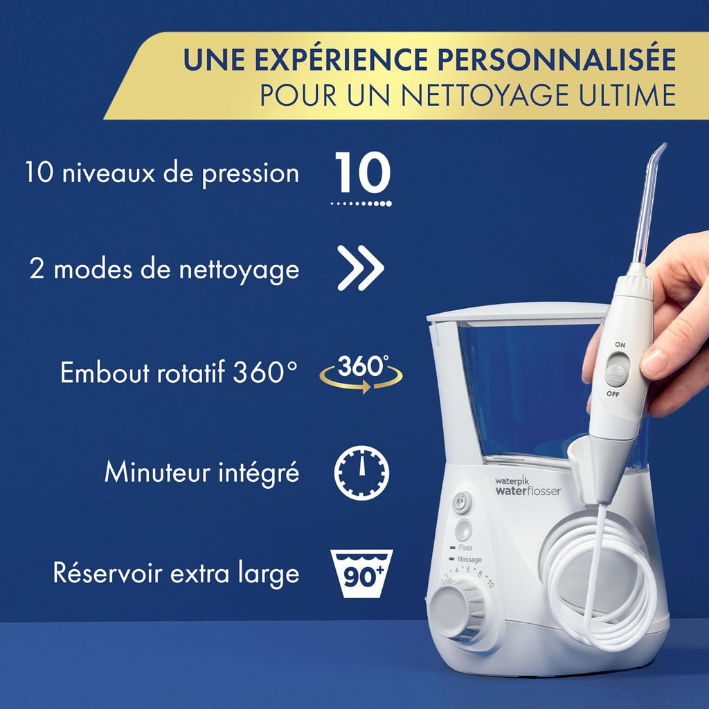 Waterpik – Hydropulseur Ultra professionnal, Jet dentaire avec 6 embouts et 10 niveaux de pression, Élimine la plaque, Blanc (WF-660EU)