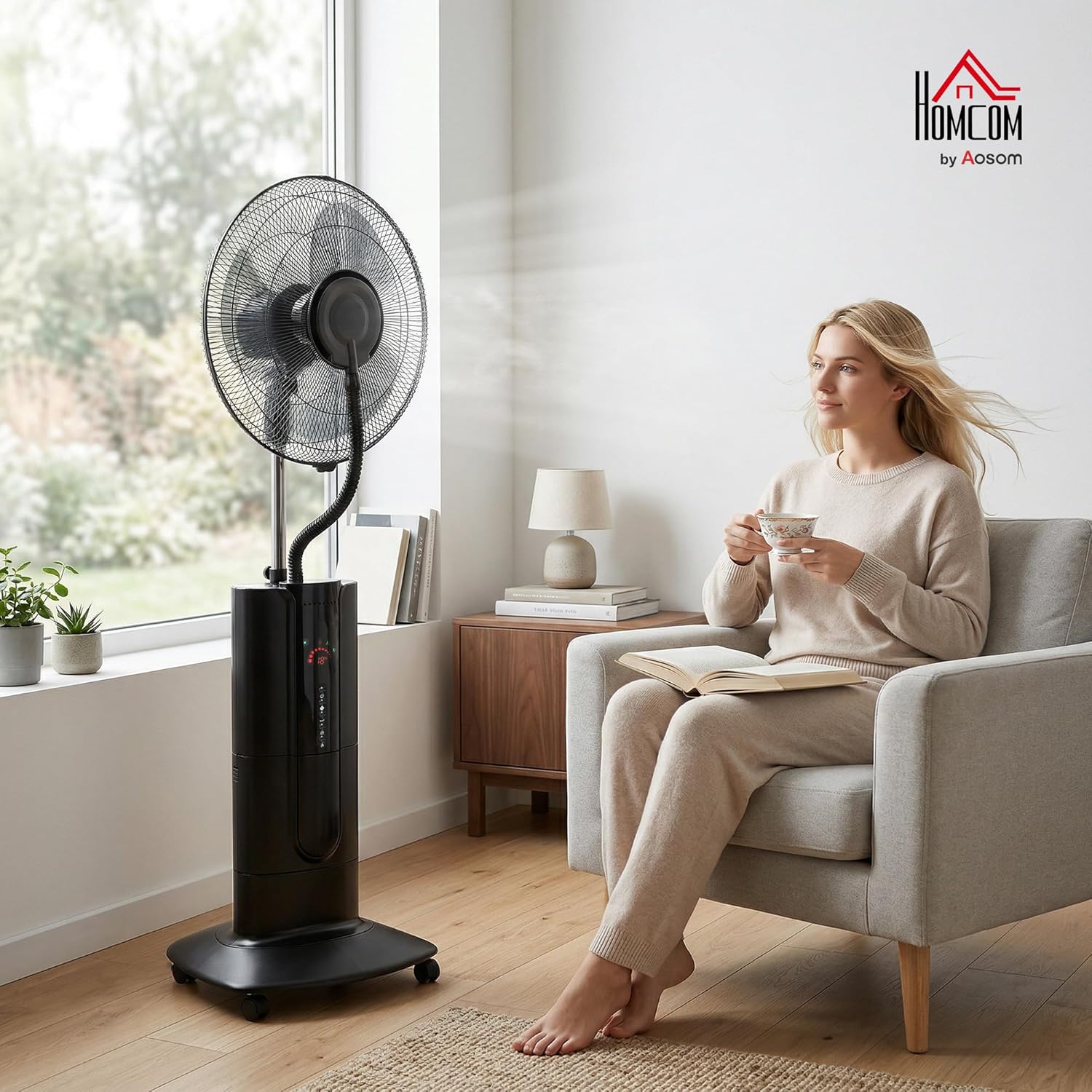 HOMCOM Ventilateur brumisateur 100 W à ionisation négative, ventilateur sur pied 130 cm, oscillation à 120°, 3 vitesses, 3 modes, réservoir d'eau 1,5 L, télécommande, minuterie 9h, roulettes, noir