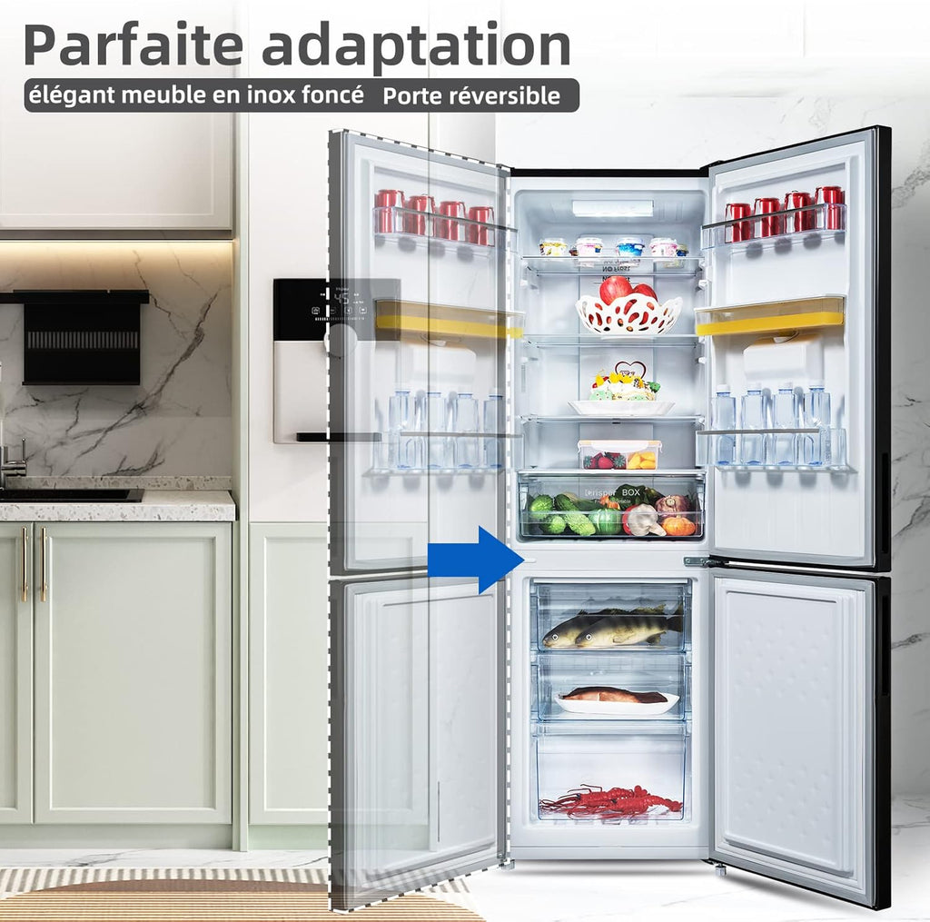 CHIQ Réfrigérateur congélateur bas FBM228NE4DE 231L (161 + 70) Froid ventilé, No Frost, Acier inoxydable noir, portes réversibles, 42 db, 12 ans de garantie sur le compresseur