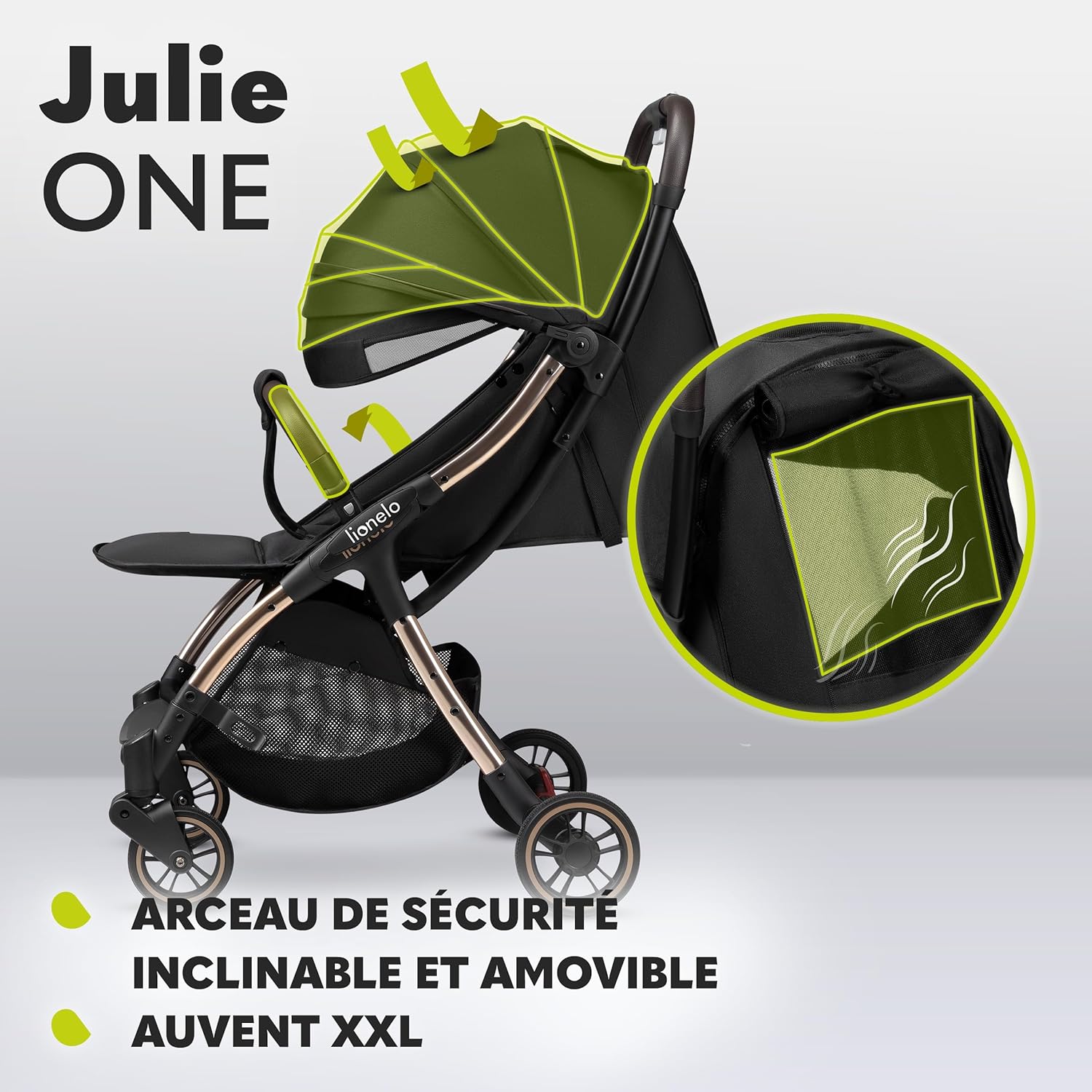 LIONELO Julie One Poussette canne legere Ultra compacte Pliable en un seul geste (0-22 kg), sac de transport, repose-pieds dossier, réglable jusqu'à, moustiquaire