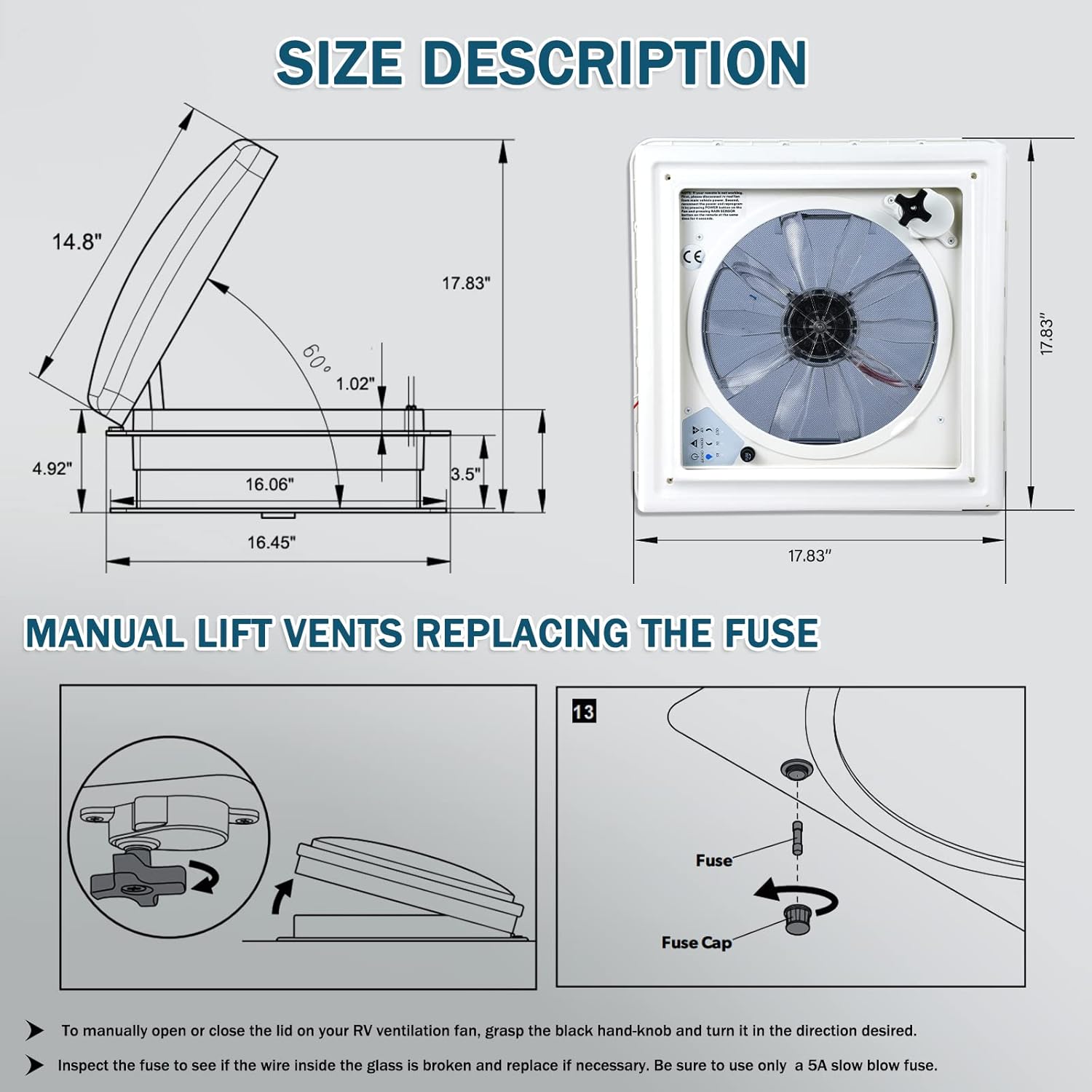 Brolteja Ventilateur de toit camping car,12V RV Ventilateur D'éChappement De Toit,Lanterneau Camping car d'extraction Réversible,40 * 40cm Avec Protection Contre Les Insectes Lucarne