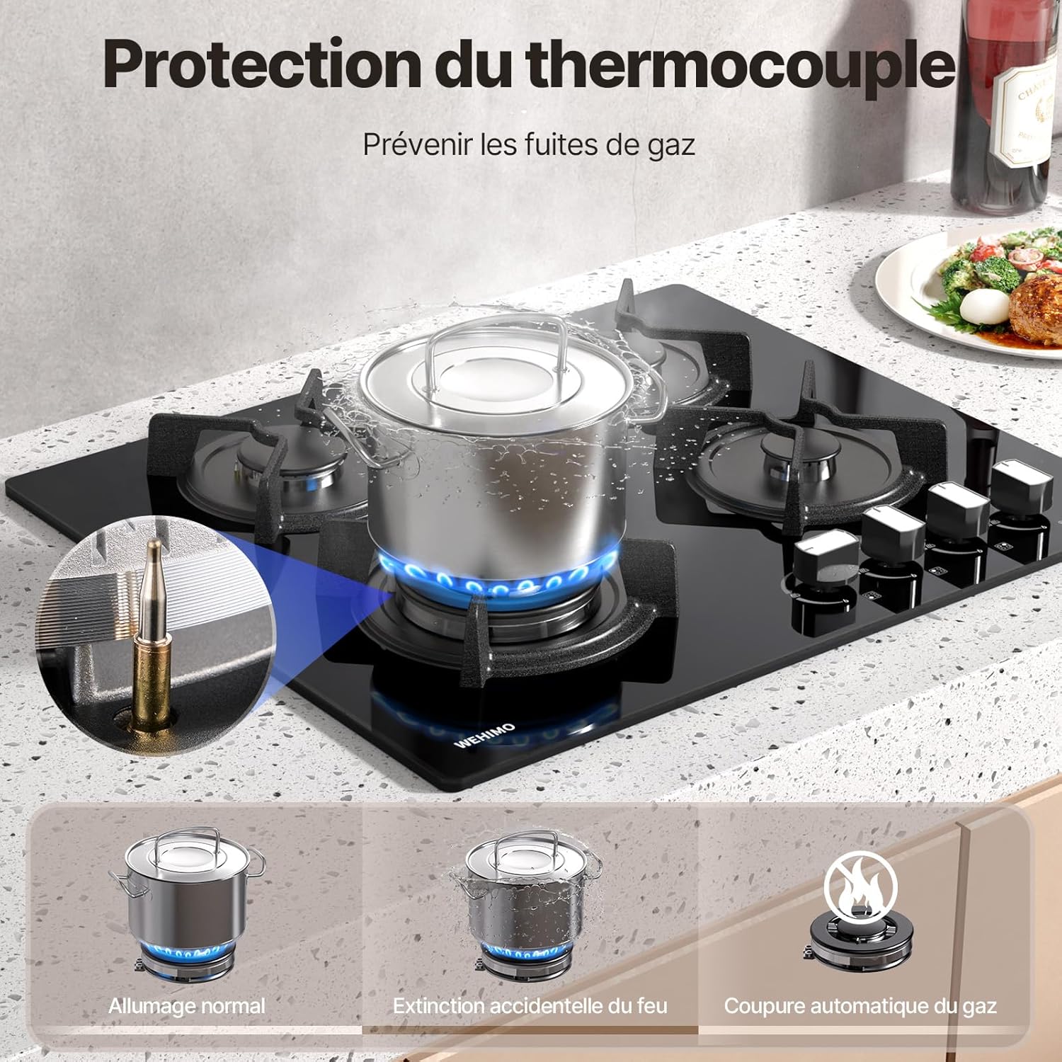 Plaque de Cuisson Gaz 4 Feuxs, Plaque Gaz 4 Feuxs Encastrable, Table de Cuisson 60cm, Grille Fonte, 7800W, Gazs Ville et Bouteille, Verre Noir