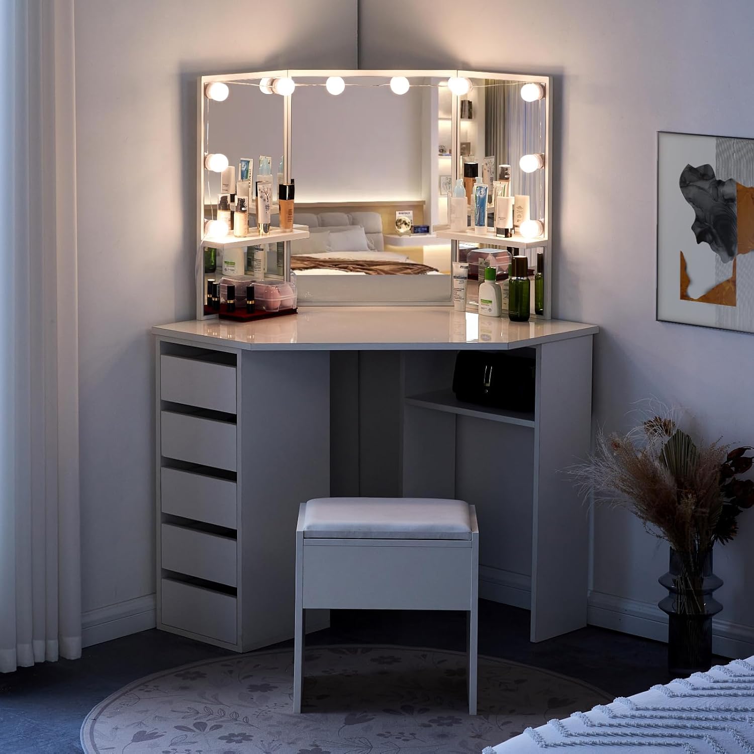 Coiffeuse avec Miroir Triptyque et Tabouret, Coiffeuse d'angle Miroir Tabouret 2 Compartiments 5 Tiroirs, Table de Maquillage Blanc Moderne Femme Cadeau avec LED