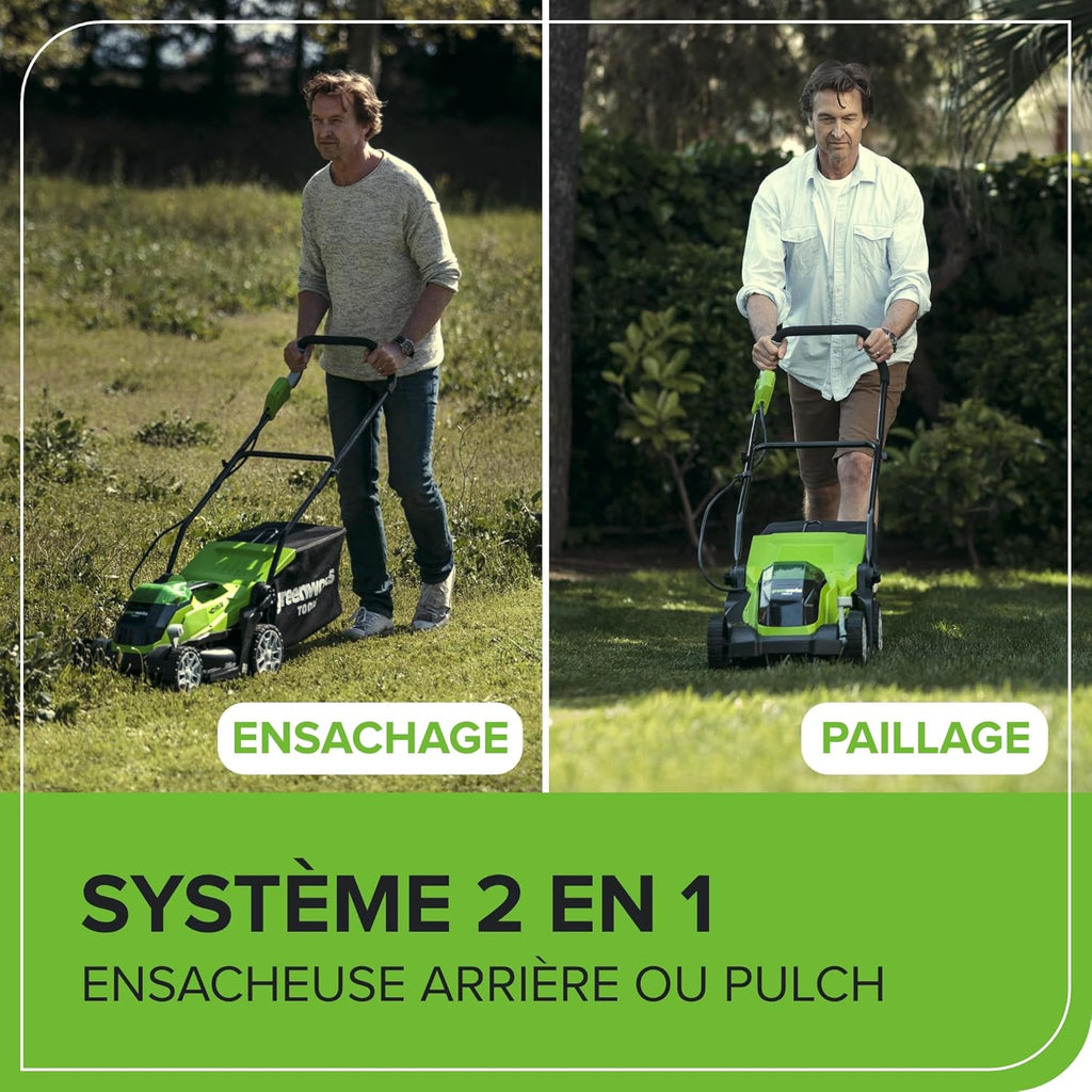 Greenworks 40V Tondeuse à Gazon Sans Fil pour Pelouses Jusqu'à 400m², Largeur de Coupe de 35 cm, Sac de 40L, INCLUS Deux Batteries 40V 2Ah et Un Chargeur, Garantie 3 Ans-G40LM35K2X