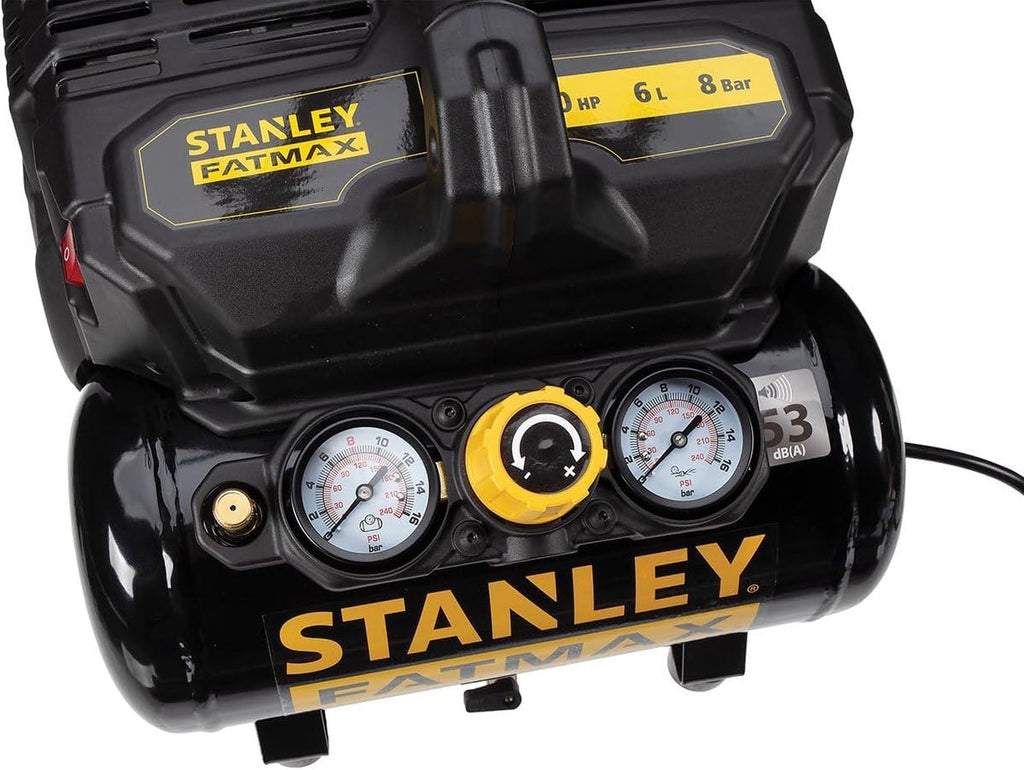 Stanley Compresseur FATMAX DST 101/8/6 FMXCM00 - Compresseur d'air portable et pour voiture 8 bars - 6 L - 105 l/min - Sans huile - Silencieux - IP43-1450 tr/min - Noir/Jaune