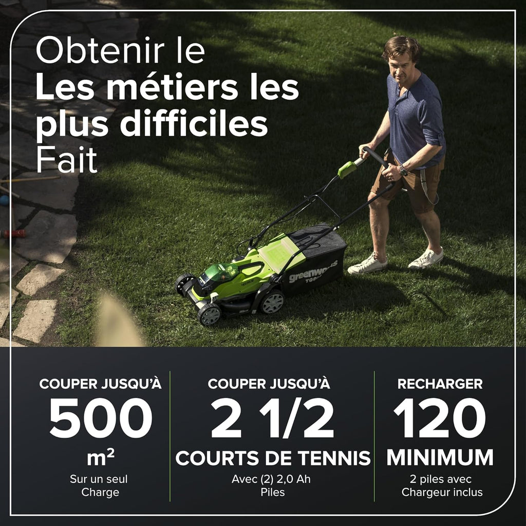 Greenworks 40V Tondeuse à Gazon Sans Fil pour Pelouses Jusqu'à 400m², Largeur de Coupe de 35 cm, Sac de 40L, INCLUS Deux Batteries 40V 2Ah et Un Chargeur, Garantie 3 Ans-G40LM35K2X
