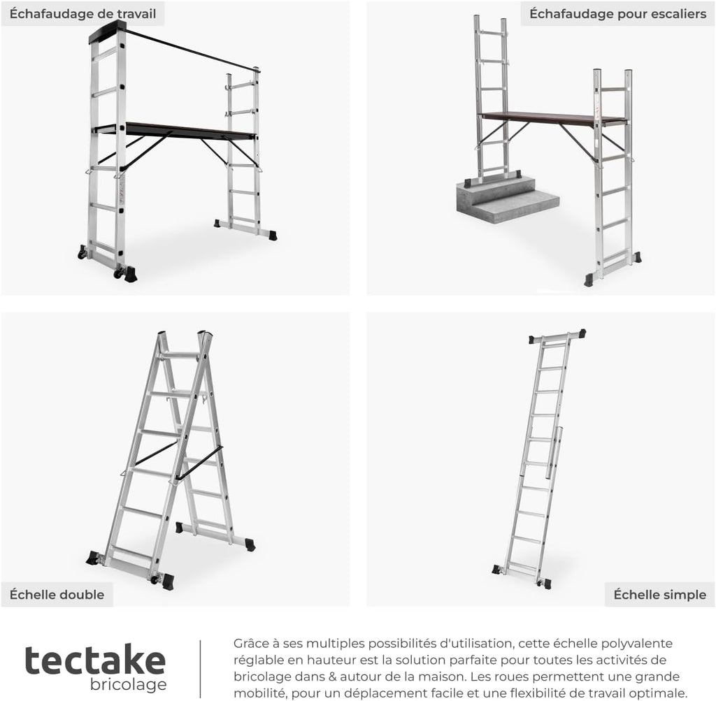 tectake® Échelle Multifonction 3 en 1 Échafaudage Roulant en Acier Plateforme de Travail Antidérapante Échelle Téléscopique Échelle Pliante Escabeau Pliant Bricolage Peinture Toiture