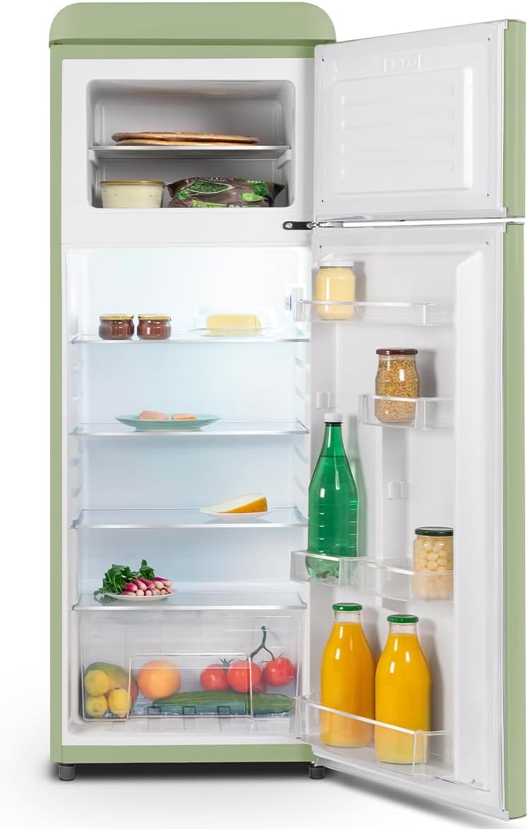 SCHNEIDER SCDD208VVA, Réfrigérateur 2 portes, 211L (172+39), Froid statique, Dégivrage automatique, 3 clayettes verre, Thermostat réglables, Pieds réglables,Vert amande