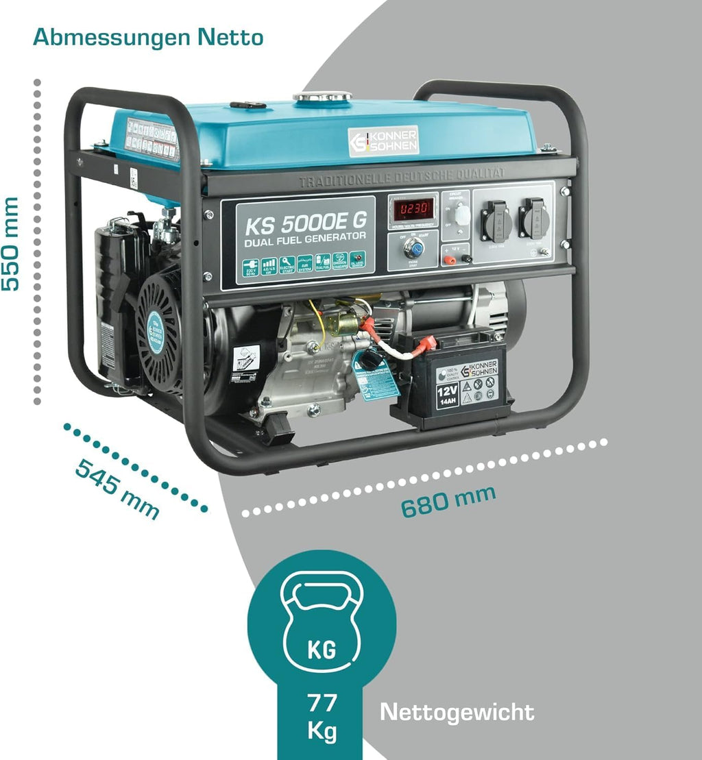 Groupe électrogène à essence/gaz KS 5000E G Könner & Söhnen, puissance maximale 4500W, démarrage manuel/électrique, prises 2x16A, 12 V, régulateur de tension automatique (AVR), affichage LED.