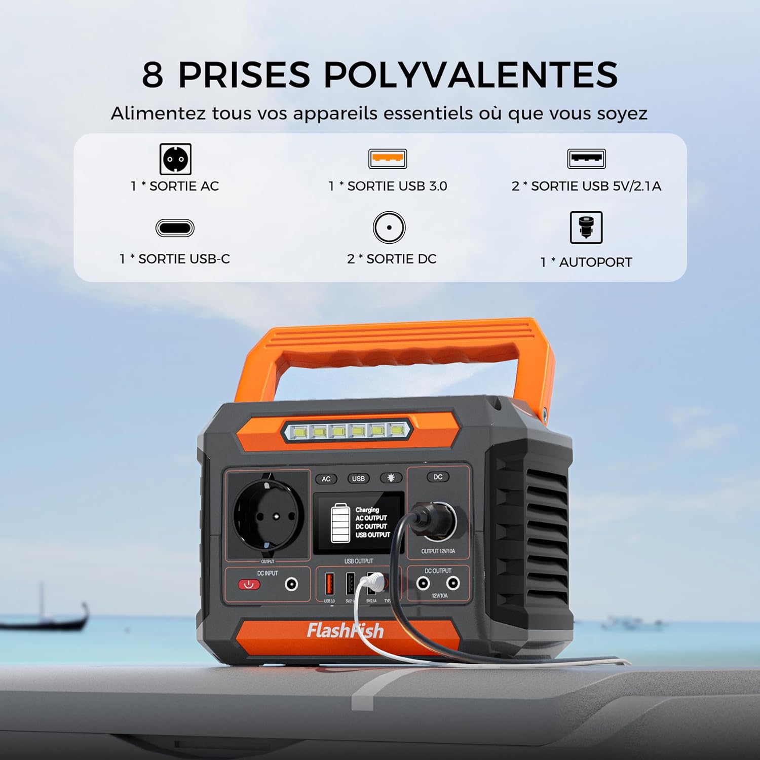 FlashFish 230,88 Wh Generateur Électrique Avec Panneau Solaire 60W, Générateur Solaire Portable 300W Avec 230V AC/DC/USB/type C/lumières LED -Batterie de Secours Pour camping, voyages et Urgences