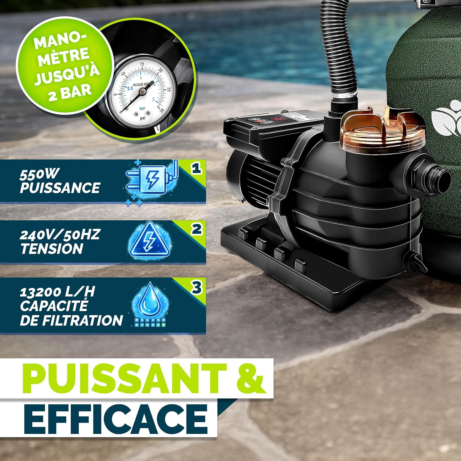 tillvex® Système de Filtre à Sable 13 200L/h jusqu'à 40 000L + 1200g Boules Filtre | 7 Fonctions & Adaptateur 2en1 Ø32-38mm | Filtre piscine & indicateur de pression (Vert, Avec minuterie)