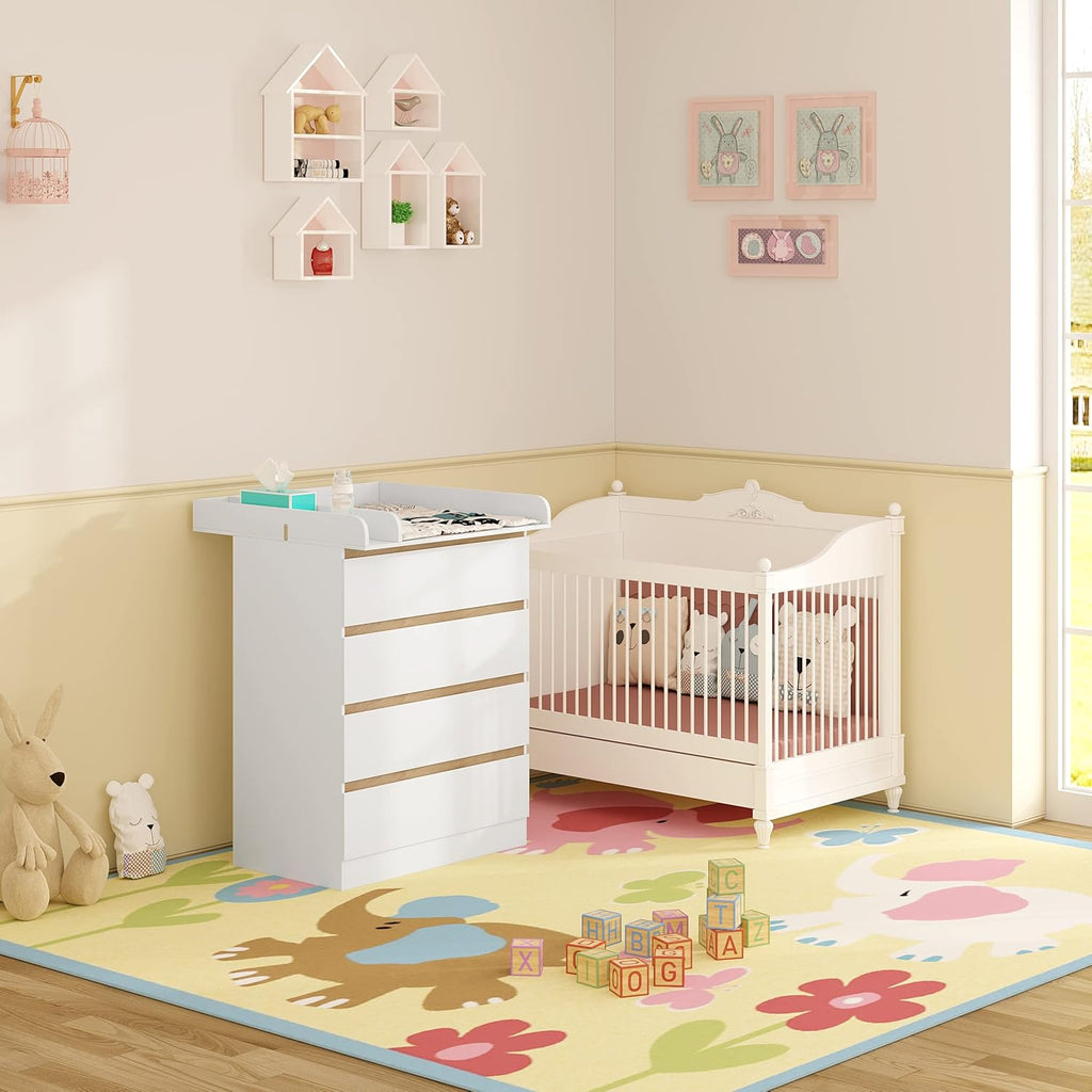WOLTU Table à Langer + Commode avec 4 Tiroirs, Ensemble Meuble à langer pour Bébé, en Bois d’Ingénierie, Blanc + Chêne Clair, 80x75x109,2cm