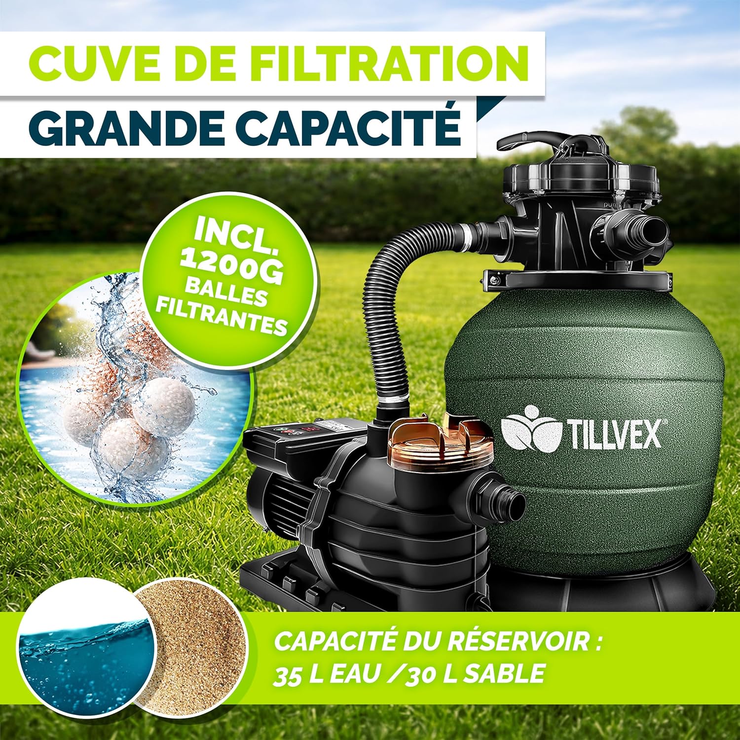tillvex® Système de Filtre à Sable 13 200L/h jusqu'à 40 000L + 1200g Boules Filtre | 7 Fonctions & Adaptateur 2en1 Ø32-38mm | Filtre piscine & indicateur de pression (Vert, Avec minuterie)