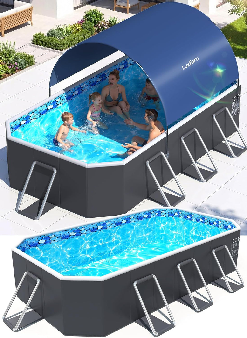 Luxfero Piscine Rectangulaire Tubulaire avec Auvent, Piscine hors sol Pliable Grande, Metal Frame Piscine Tubulaire Épaissi, Facile à Ranger&Épuisement Piscine pour Jardin et Famille,228 x 127 x 50 cm