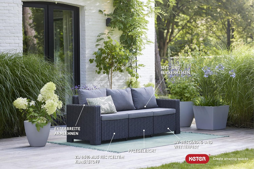 Allibert by Keter California Canapé de Jardin 3 Places avec Coussins d'assise et de Dossier, en Plastique, Aspect rotin, Rond, Graphite/Gris Froid, 199 x 68 x 72 cm