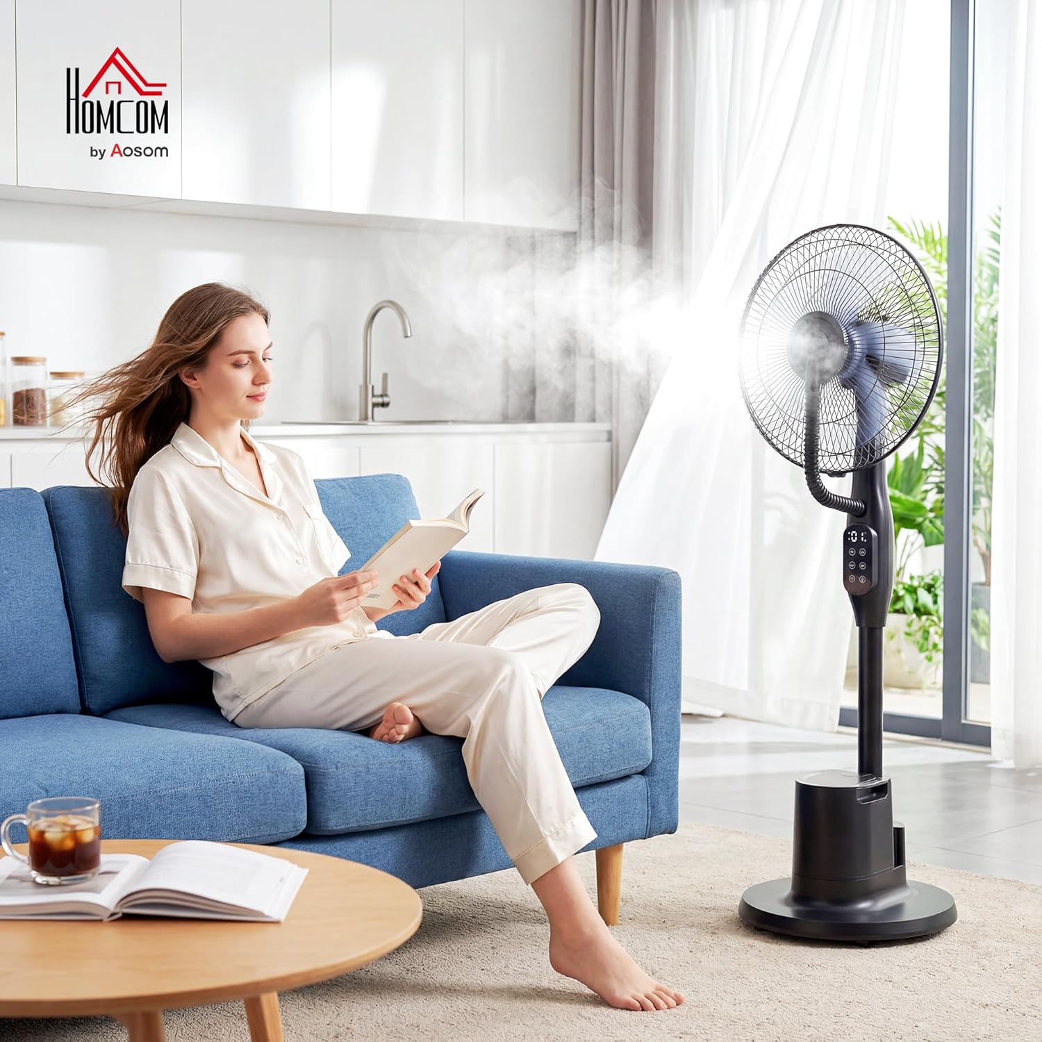 HOMCOM Ventilateur brumisateur silencieux 90 W, ventilateur sur pied 128 cm, oscillation 70°, 3 vitesses, 3 modes, réservoir d'eau 3,5 L, télécommande, minuterie 8 h, pour maison, bureau, noir