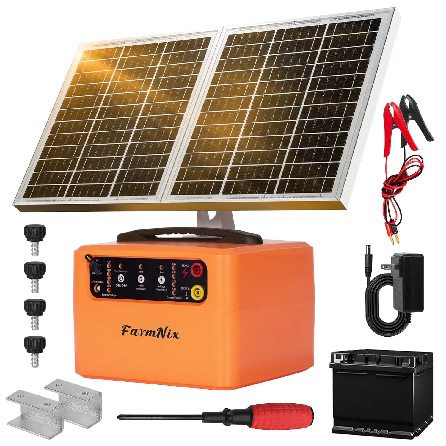 FarmNix 48KM Électrificateur Clôture Electrique Solaire, 6KV-12KV avec Panneau Solaire 15W & Batterie 7Ah 12V, 0.3-1.5J pour élevage d'animaux de berger, pour ferme, pâturage, jardin